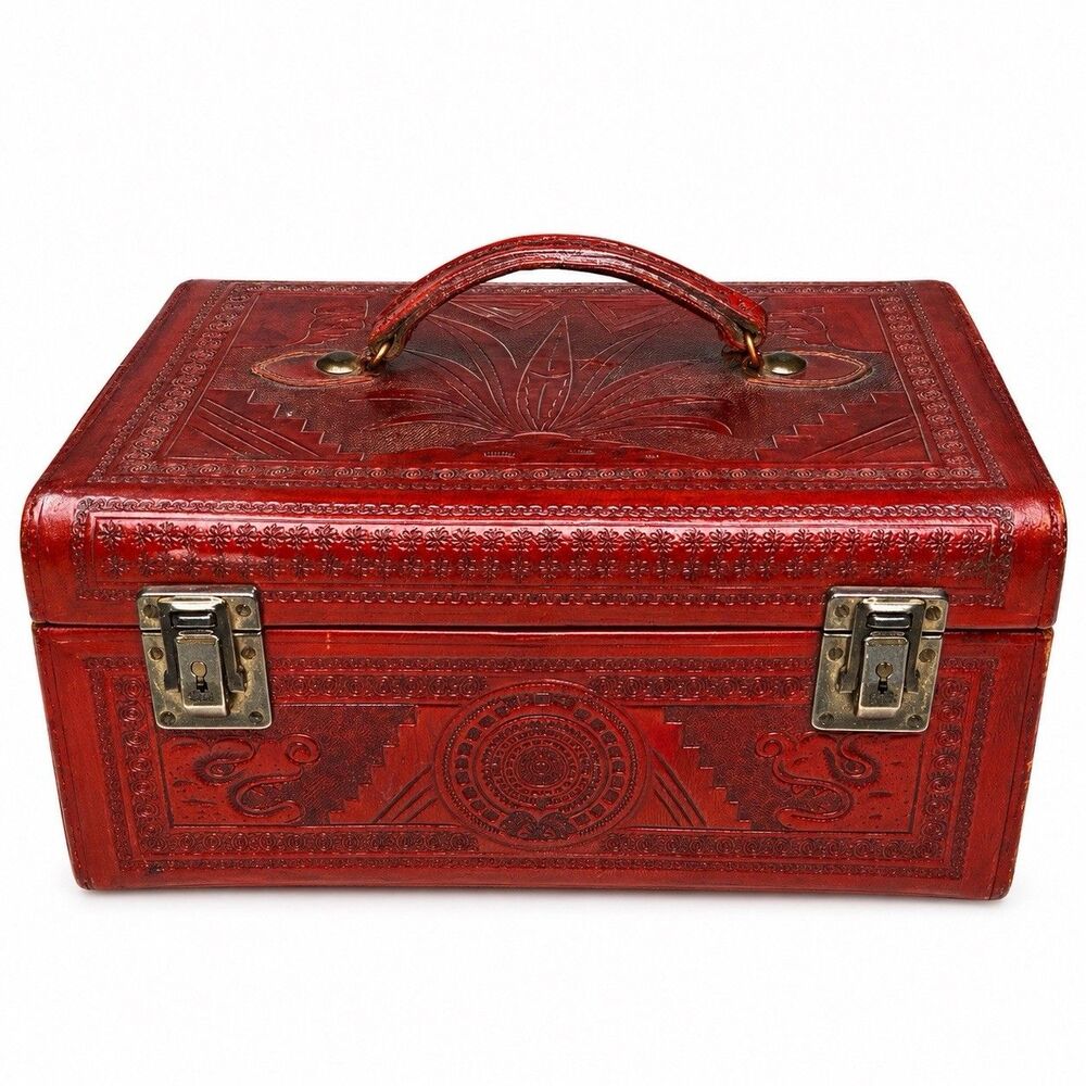 1940’s Tooled Floral Rare Red leather train jewelry case